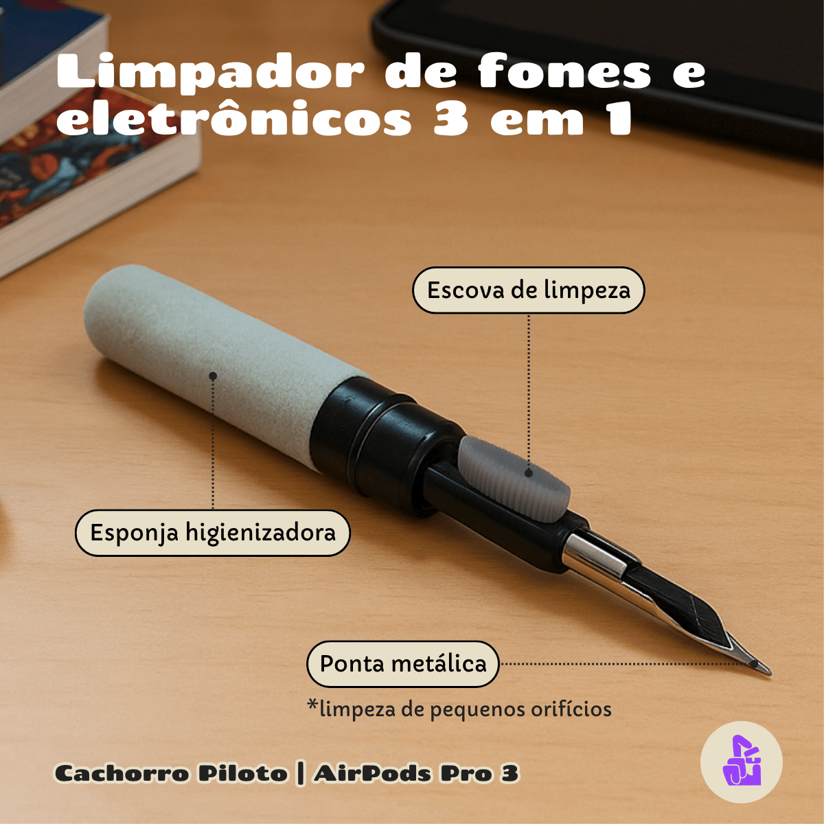 Kit Limpador para Fones e Capa de Pelúcia Nerdcase para AirPods Pro 3, Cachorro Piloto Aviador