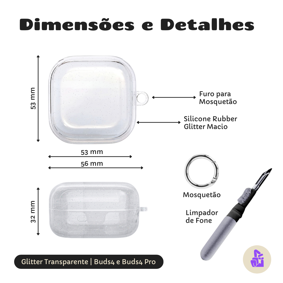 Kit Limpador para Fones e Capa Protetora de Silicone Nerdcase para Samsung Galaxy Buds 4, Buds 4 Pro, Transparente Glitt