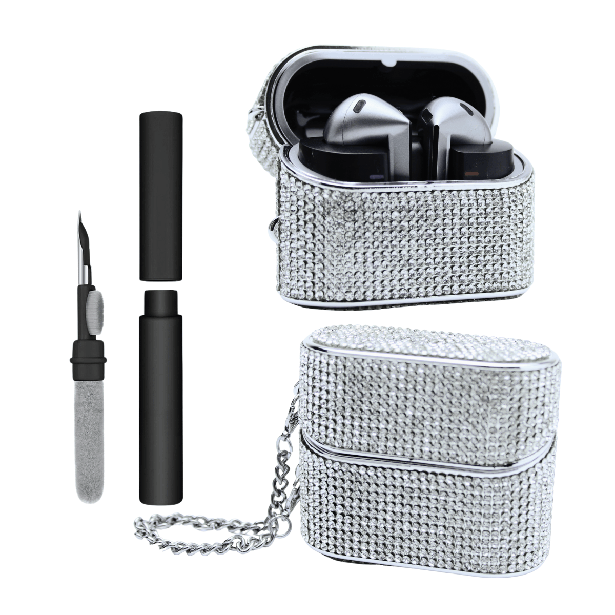Kit Limpador para Fones e Capa Protetora Chic Nerdcase para Galaxy Buds 3, Buds Pro 3, Buds3 FE, Strass Prata