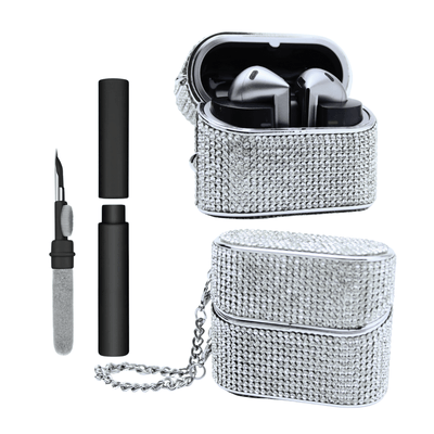 Kit Limpador para Fones e Capa Protetora Chic Nerdcase para Galaxy Buds 3, Buds Pro 3, Buds3 FE, Strass Prata