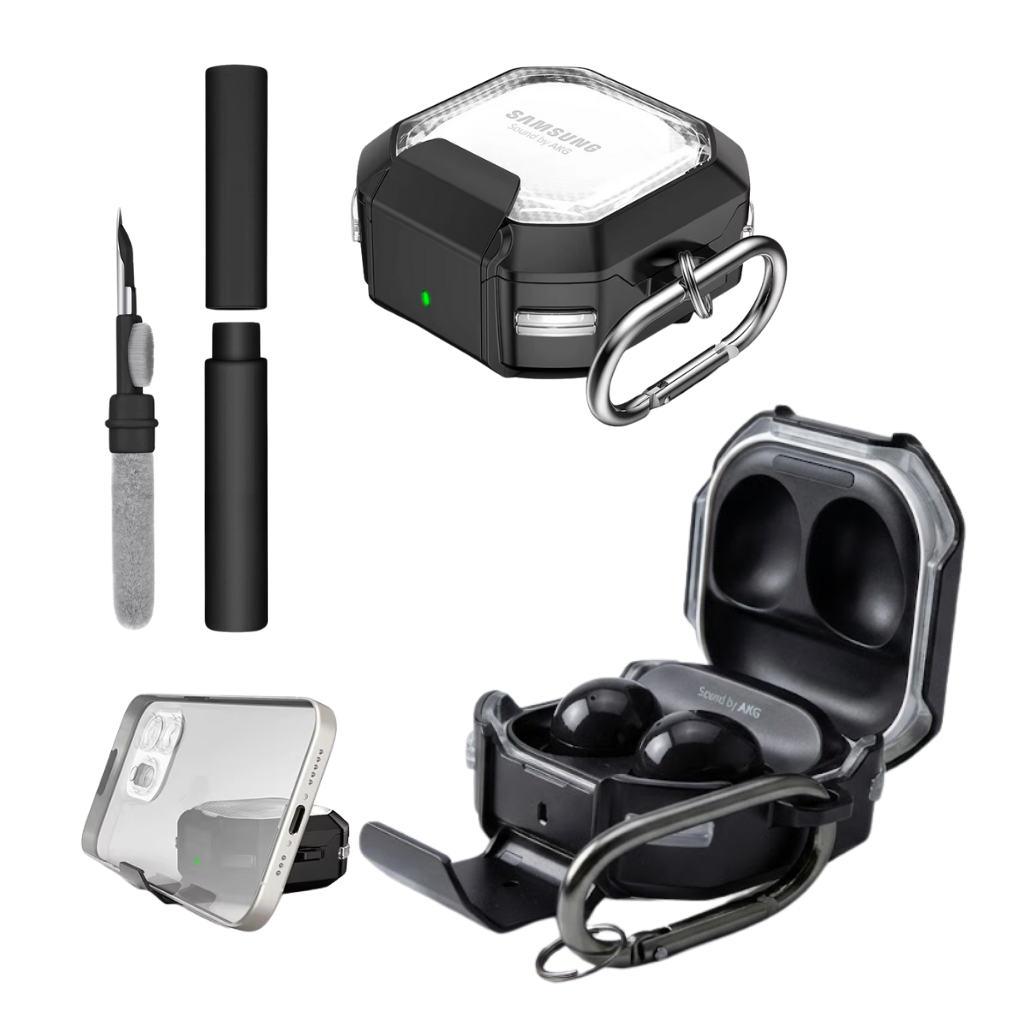 Kit Limpador para fones e Capa Nerdcase para Galaxy Buds FE, Core, 2, Pro e Live, Suporte, Resistente Transparente