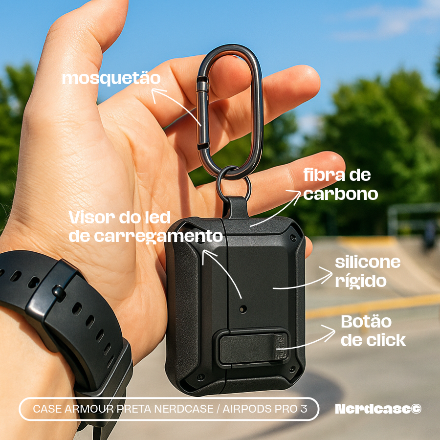 Capa Protetora Armour Nerdcase para Airpods Pro 3, Resistente Preta