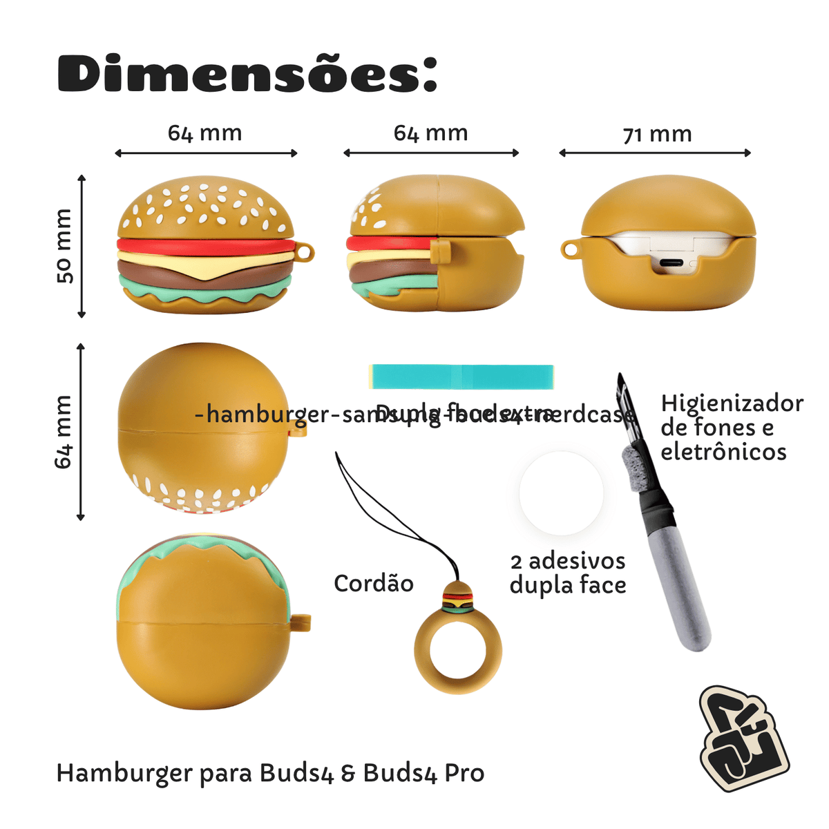 Kit Limpador para fone e Capa Protetora Nerdcase para Samsung Galaxy Buds 4, Buds 4 Pro, Silicone, Hamburguer