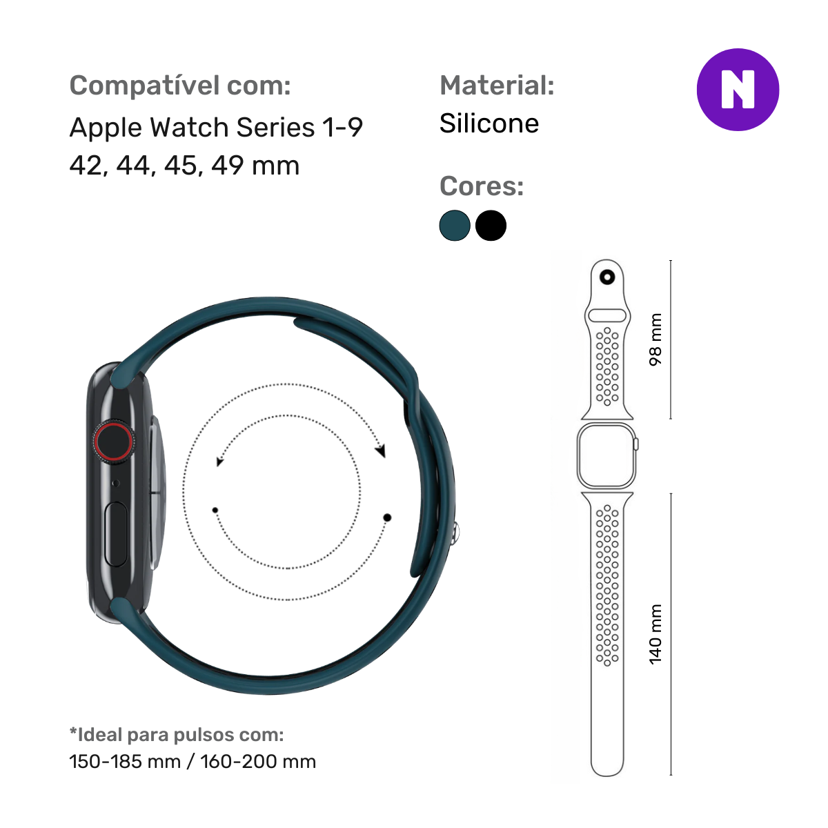 Pulseira 42/44/45/49mm para Apple Watch, Azul Petróleo/Preto