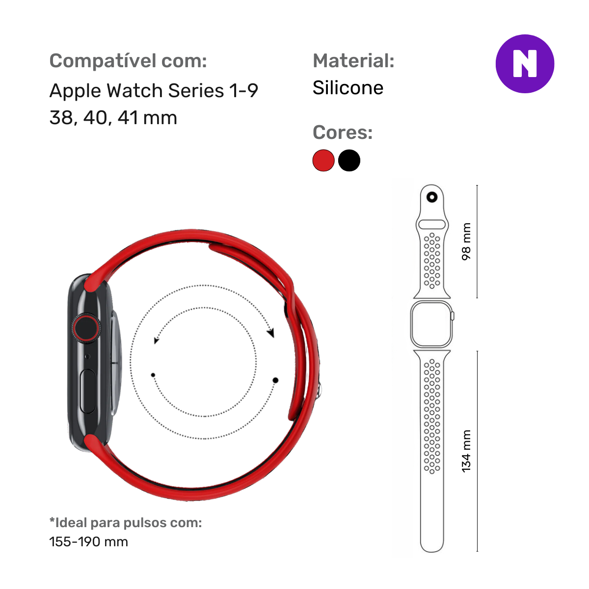 Pulseira 38/40/41mm para Apple Watch, Vermelho/Preto