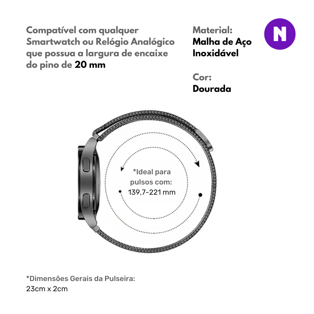 Pulseira 20mm entre Pinos para Samsung Galaxy Watch, Metal, Dourado