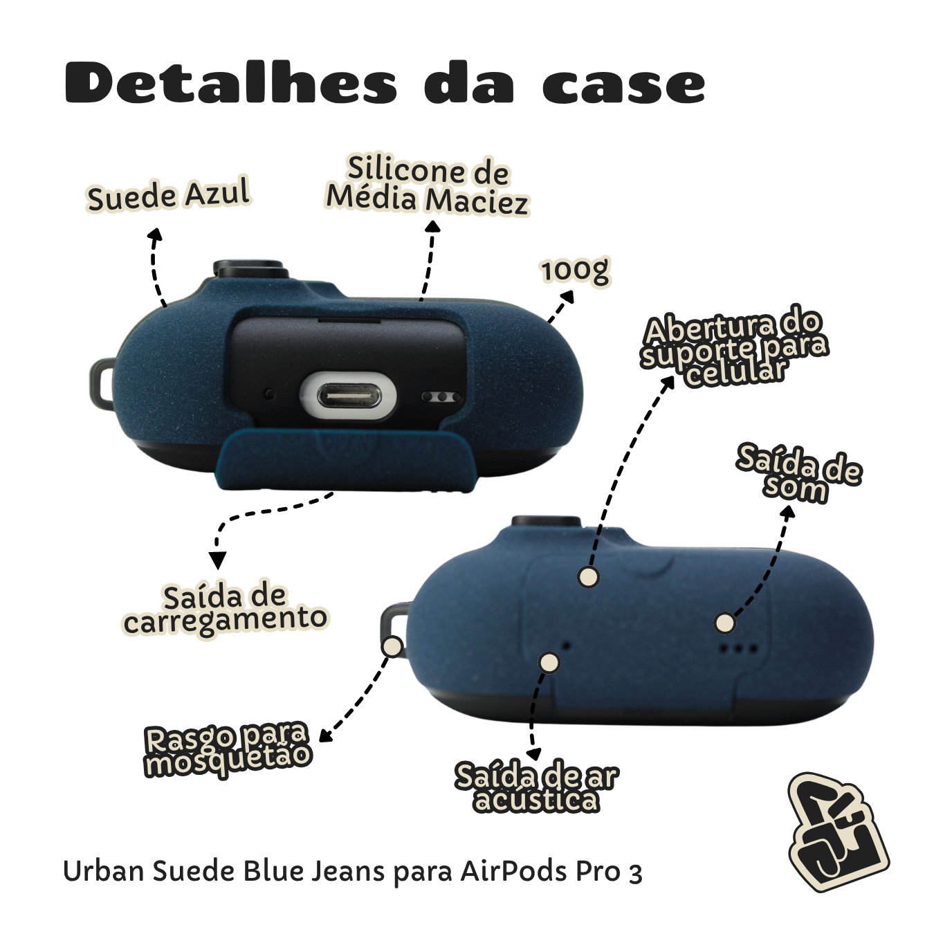 Capa Protetora de Silicone Nerdcase para AirPods Pro 3, Suporte Adaptado, Urban Suede Azul Jeans