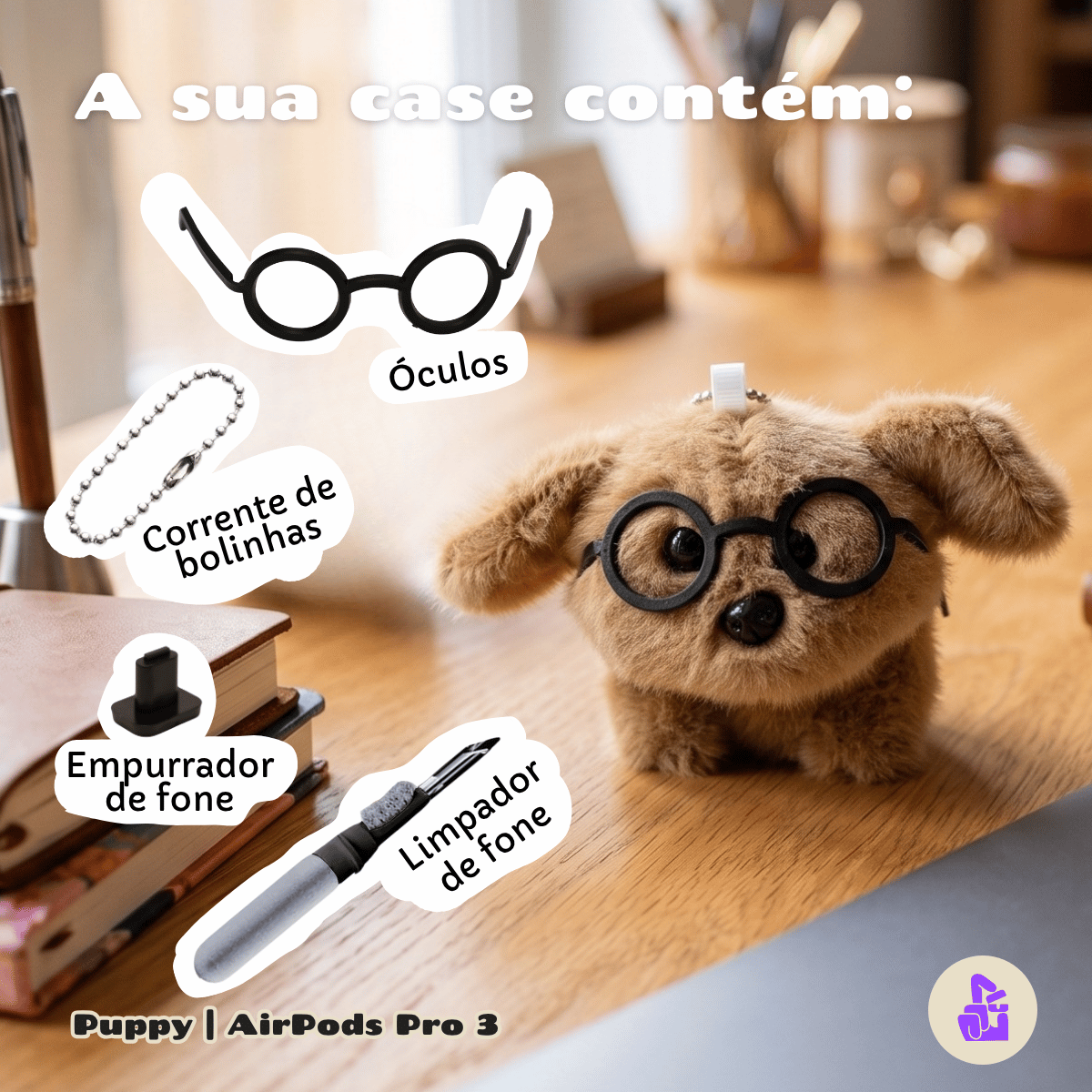 Kit Limpador para Fones e Capa de Pelúcia Nerdcase para AirPods Pro 3, Cachorro Puppy
