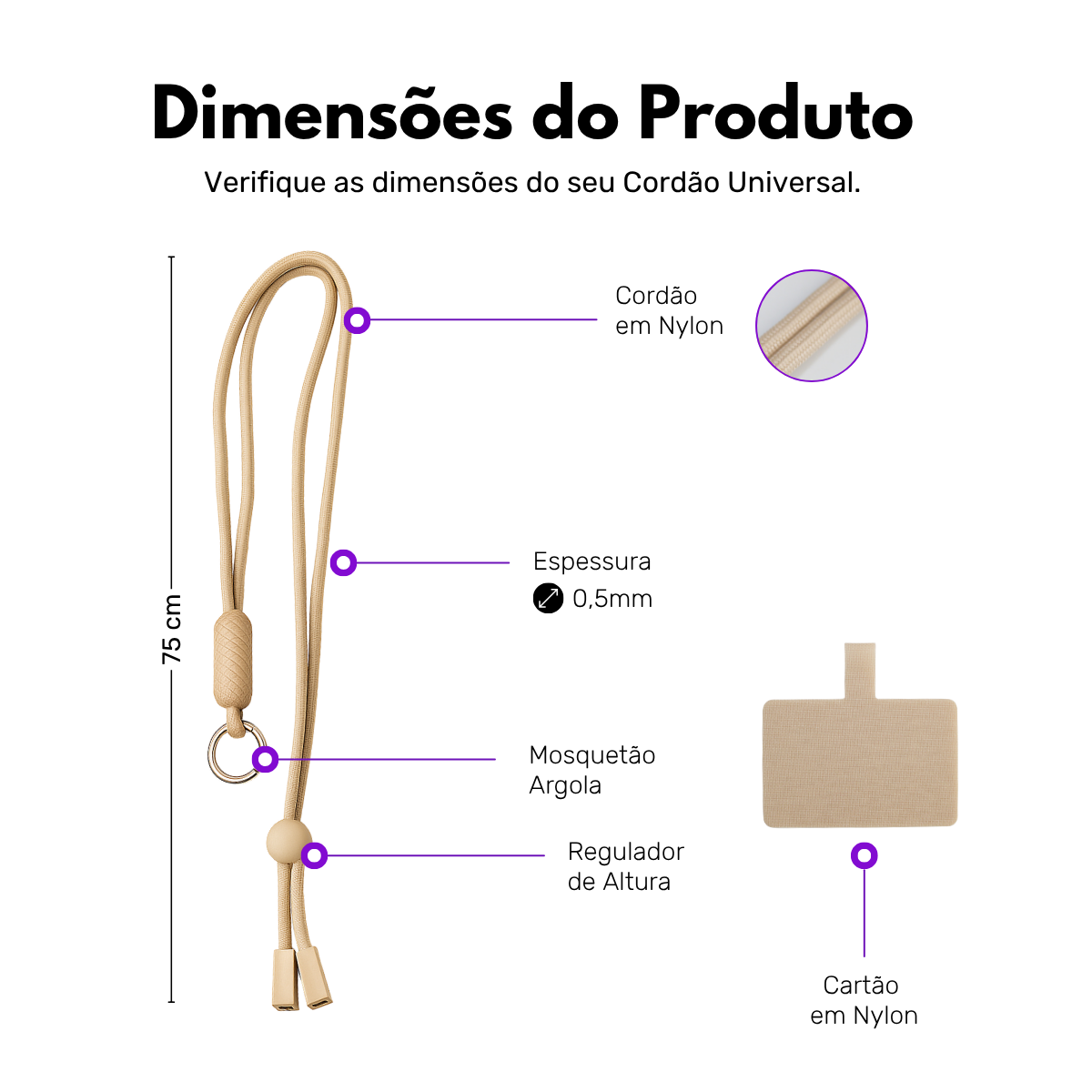 Cordão Universal Nerdcase para Celular, Poliéster, Bege