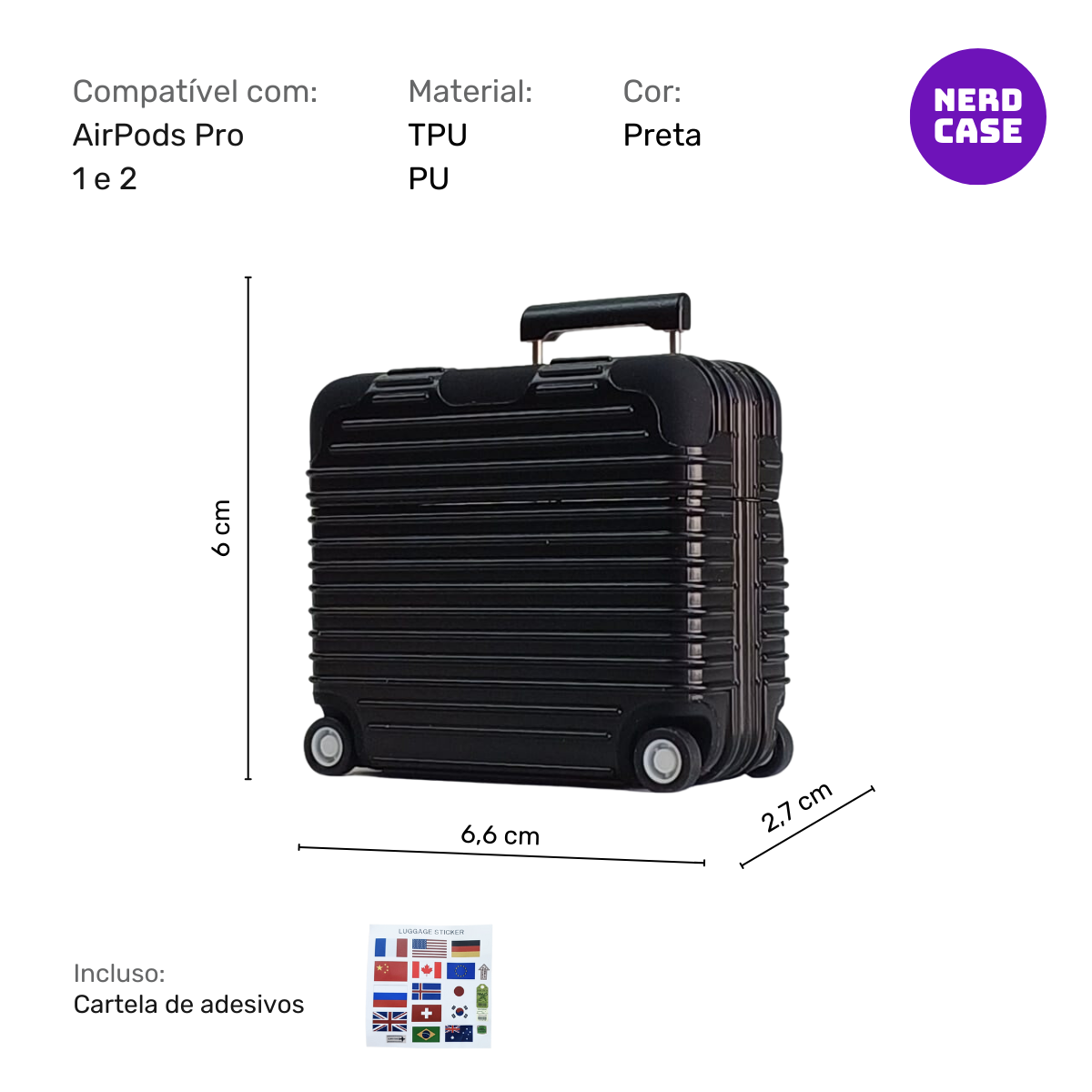 Case Mala de Viagem com Adesivos para AirPods Pro