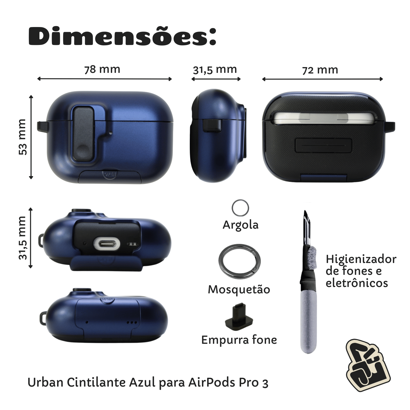 Kit Limpador para Fones e Capa Protetora de Silicone Nerdcase para AirPods Pro 3, Urban Azul Cintilante