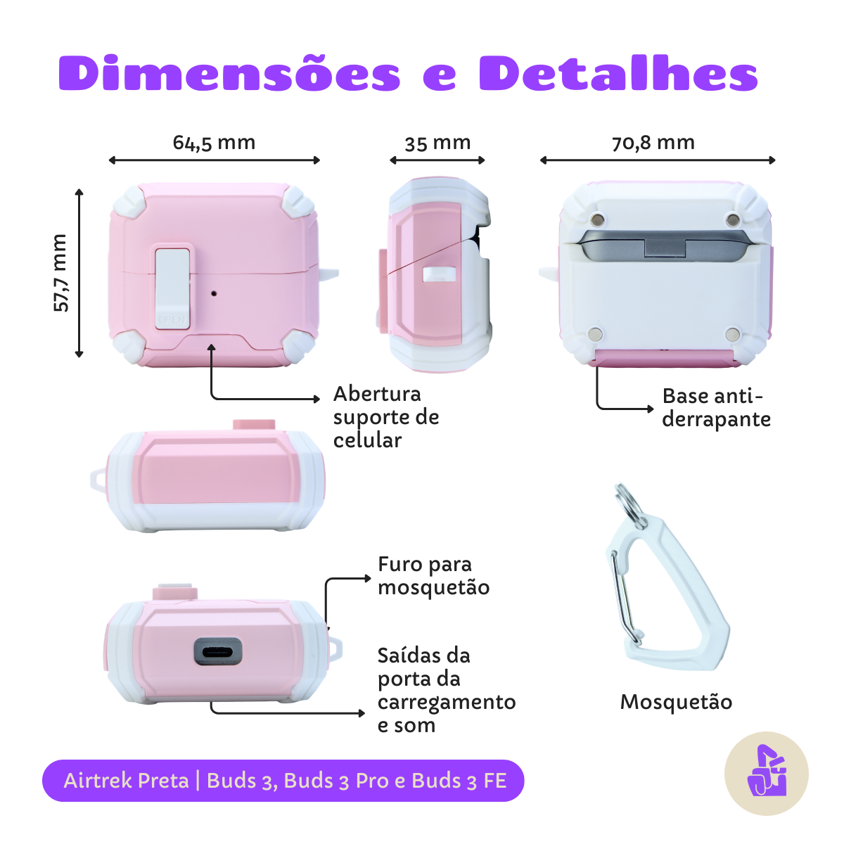 Capa Protetora Airtrek Nerdcase para Samsung Galaxy Buds 3, Buds Pro 3, Buds3 FE, Suporte Adaptado, Rosa