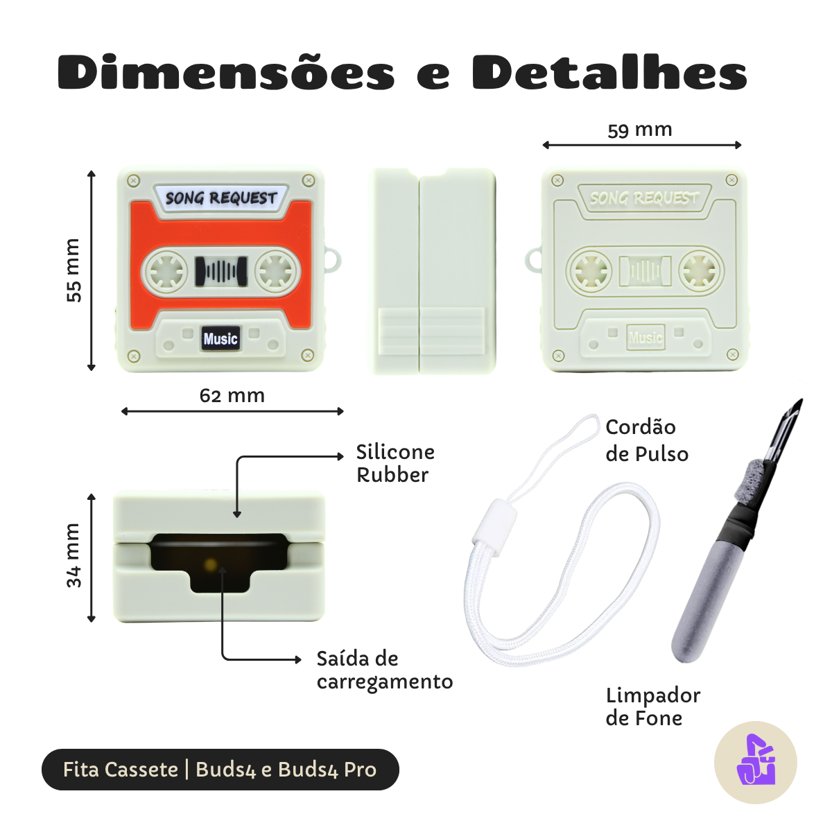 Kit Limpador para Fones e Capa Protetora Nerdcase para Samsung Galaxy Buds 4, Silicone, Formato Fita Cassete, Bege e Lar