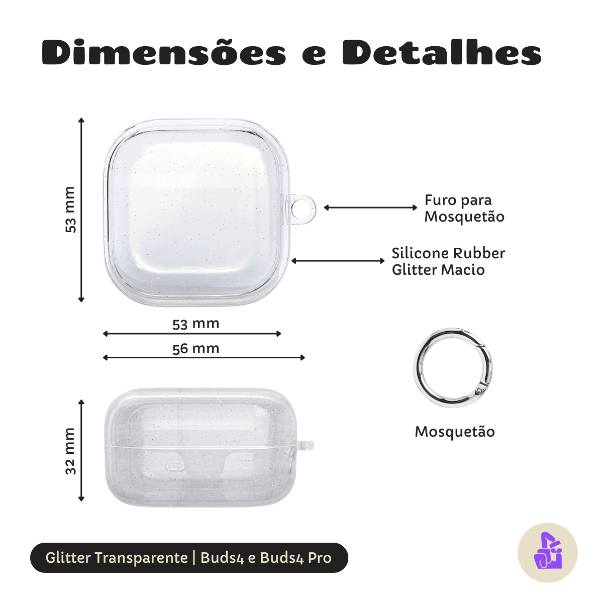 Capa Protetora de Silicone Nerdcase para Samsung Galaxy Buds 4, Buds 4 Pro, Transparente com Glitter
