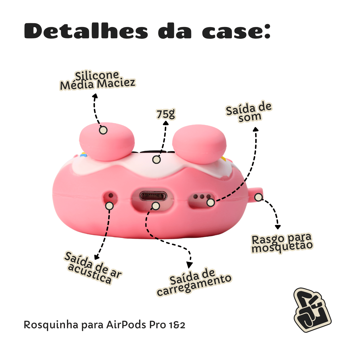 Capa Protetora de Silicone Nerdcase para AirPods Pro 1 e 2, Rosquinha Donuts Rosa