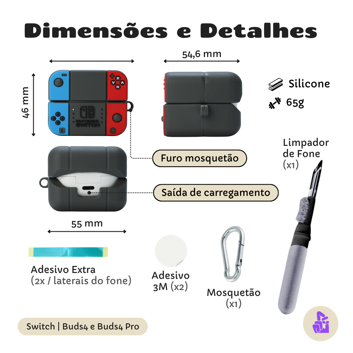 Kit Limpador para Fones e Capa Protetora Nerdcase para Galaxy Buds 4, Buds 4 Pro, Silicone, Vídeo Game Nintendo