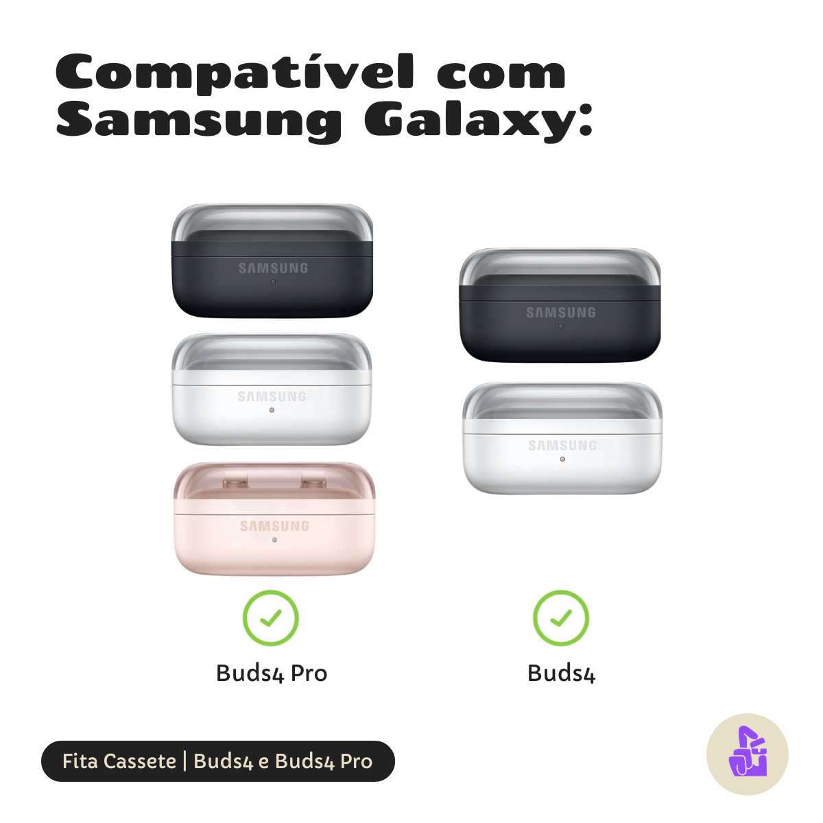 Kit Limpador para Fones e Capa Protetora Nerdcase para Samsung Galaxy Buds 4, Silicone, Formato Fita Cassete, Bege e Lar