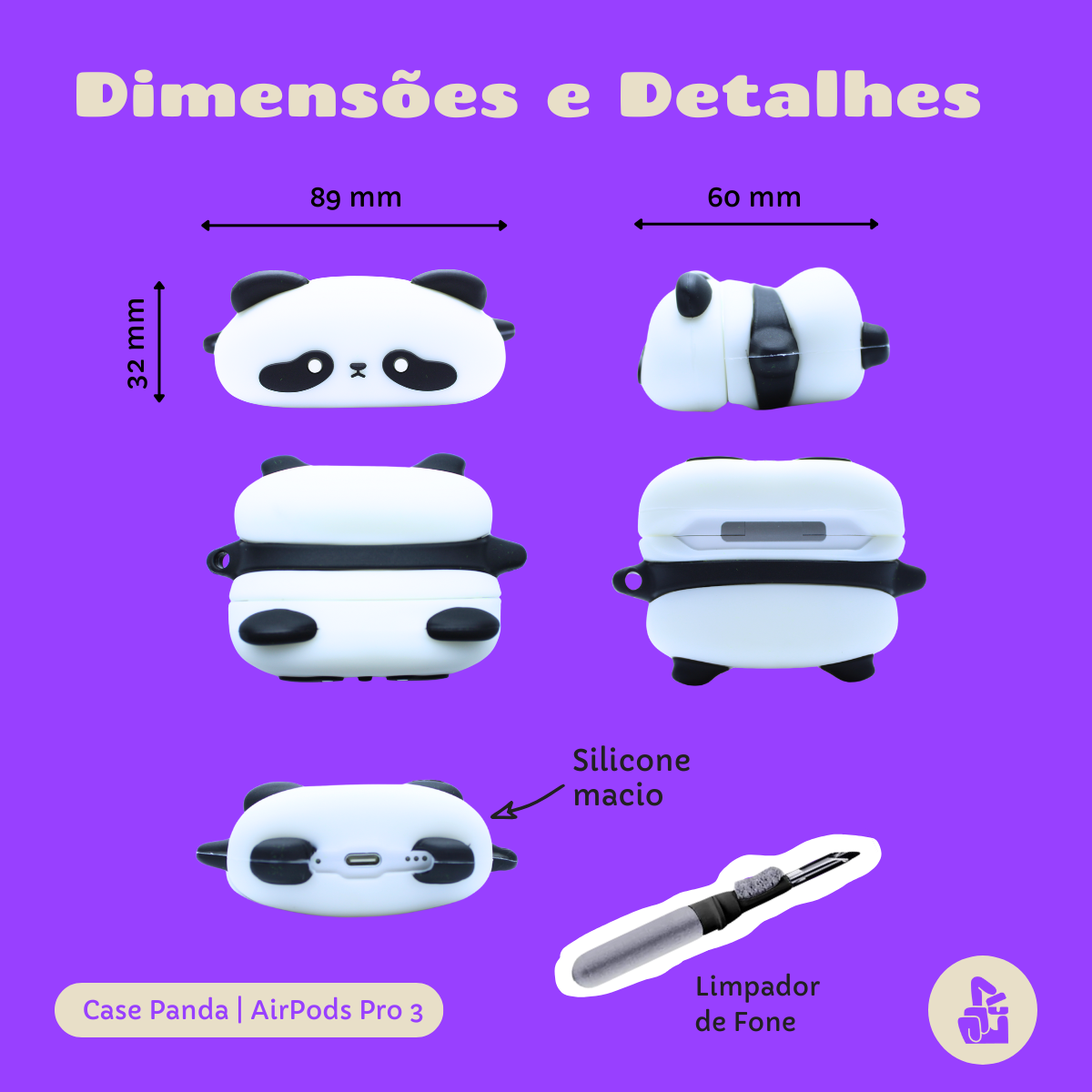 Kit Limpador para Fones e Capa Protetora Nerdcase para AirPods Pro 3, Panda