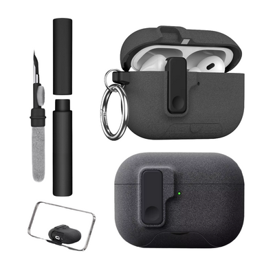 Kit Limpador para Fones e Capa Protetora Nerdcase para AirPods Pro 3, Suporte Adaptado, Silicone Rígido Cinza
