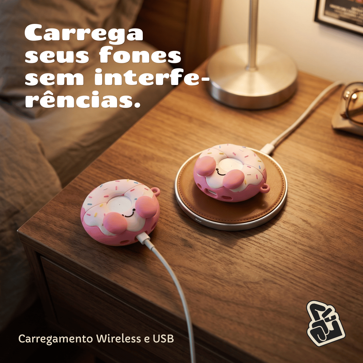Kit Limpador para Fones e Capa Protetora de Silicone Nerdcase para AirPods Pro 1 e 2, Rosquinha Donuts Rosa