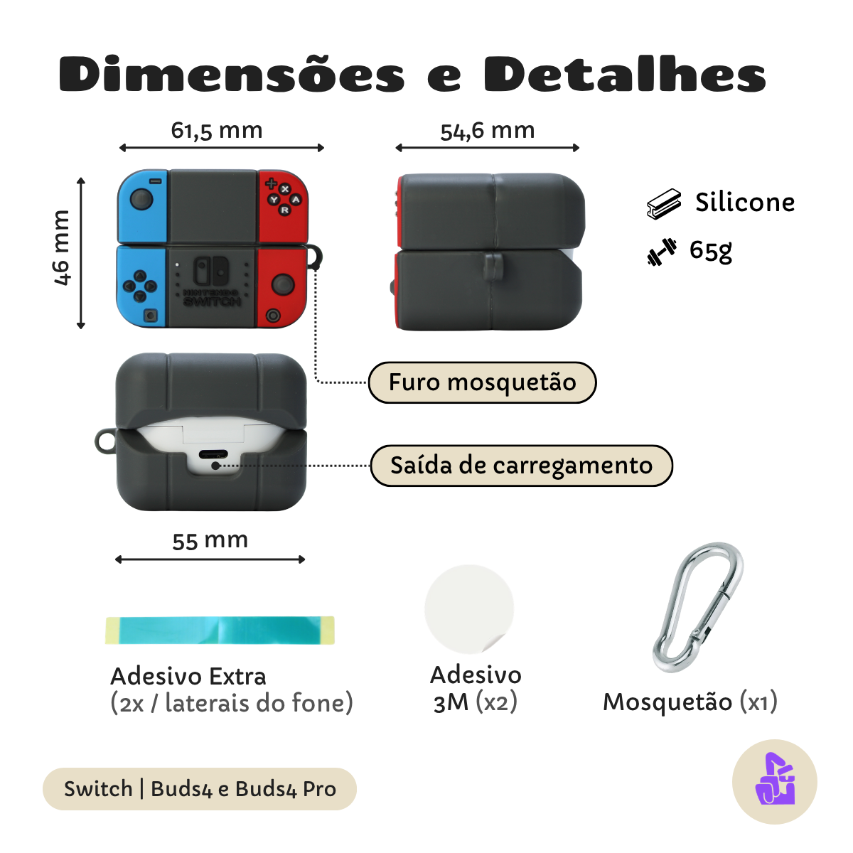 Capa Protetora Nerdcase para Samsung Galaxy Buds 4, Buds 4 Pro, Silicone, Vídeo Game Nintendo