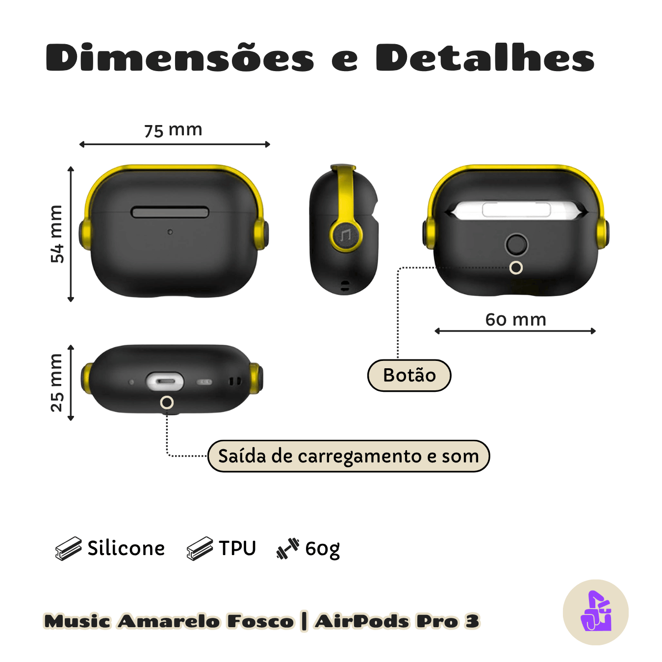 Capa Protetora de Silicone Nerdcase para AirPods Pro 3, Music Preta com detalhe Amarelo