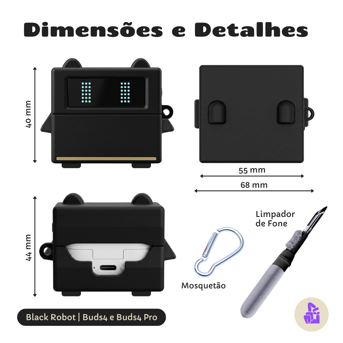 Kit Limpador para Fones e Capa Protetora Nerdcase para Samsung Galaxy Buds 4, Silicone, Robô Preto