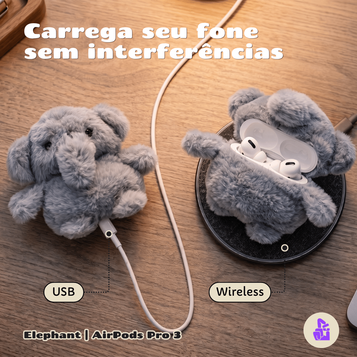 Kit Limpador para Fones e Capa de Pelúcia Nerdcase para AirPods Pro 3, Elefante Cinza
