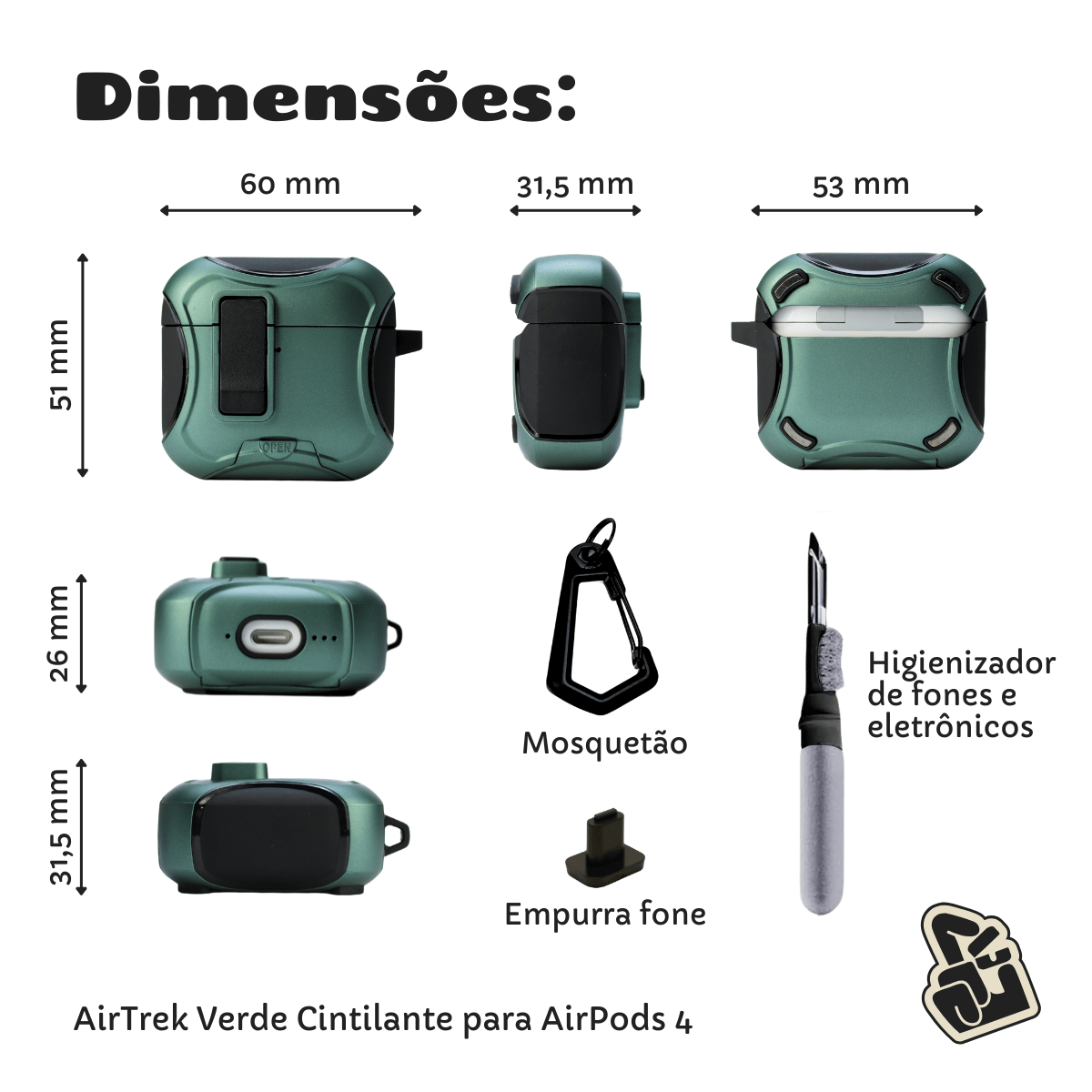 Kit Limpador para Fones e Capa Protetora Airtrek Nerdcase para AirPods 4, Suporte Adaptado, Verde Cintilante