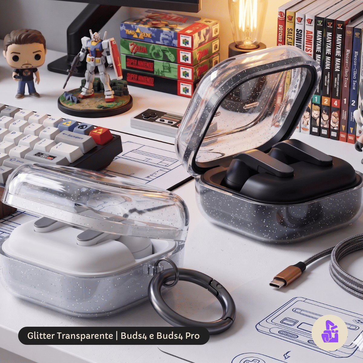 Kit Limpador para Fones e Capa Protetora de Silicone Nerdcase para Samsung Galaxy Buds 4, Buds 4 Pro, Transparente Glitt