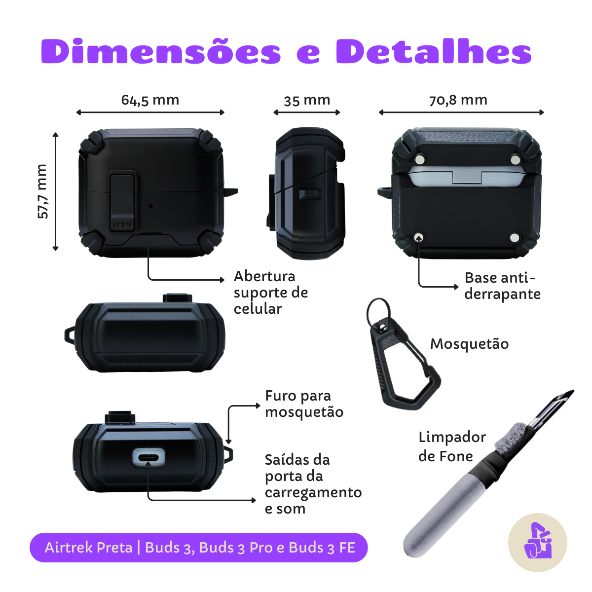 Kit Limpador para Fones e Capa Protetora Airtrek Nerdcase para Galaxy Buds 3, Buds Pro 3, Buds3 FE, Suporte Adaptado, Pr