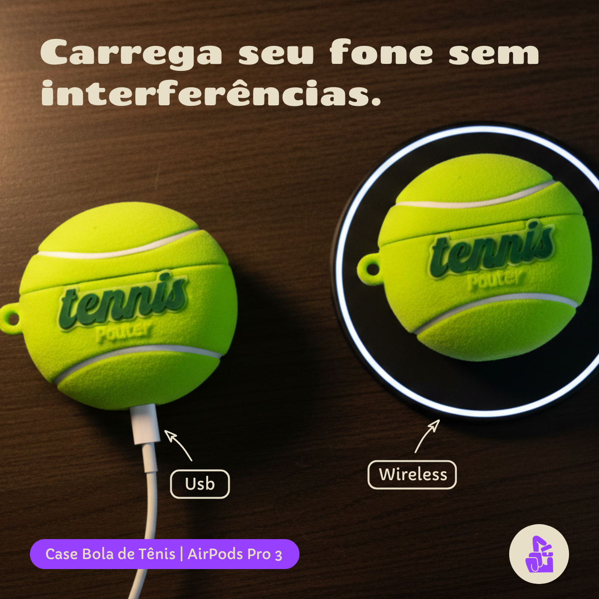 Kit Limpador para Fones e Capa Protetora Nerdcase para AirPods Pro 3, Bola de Tênis