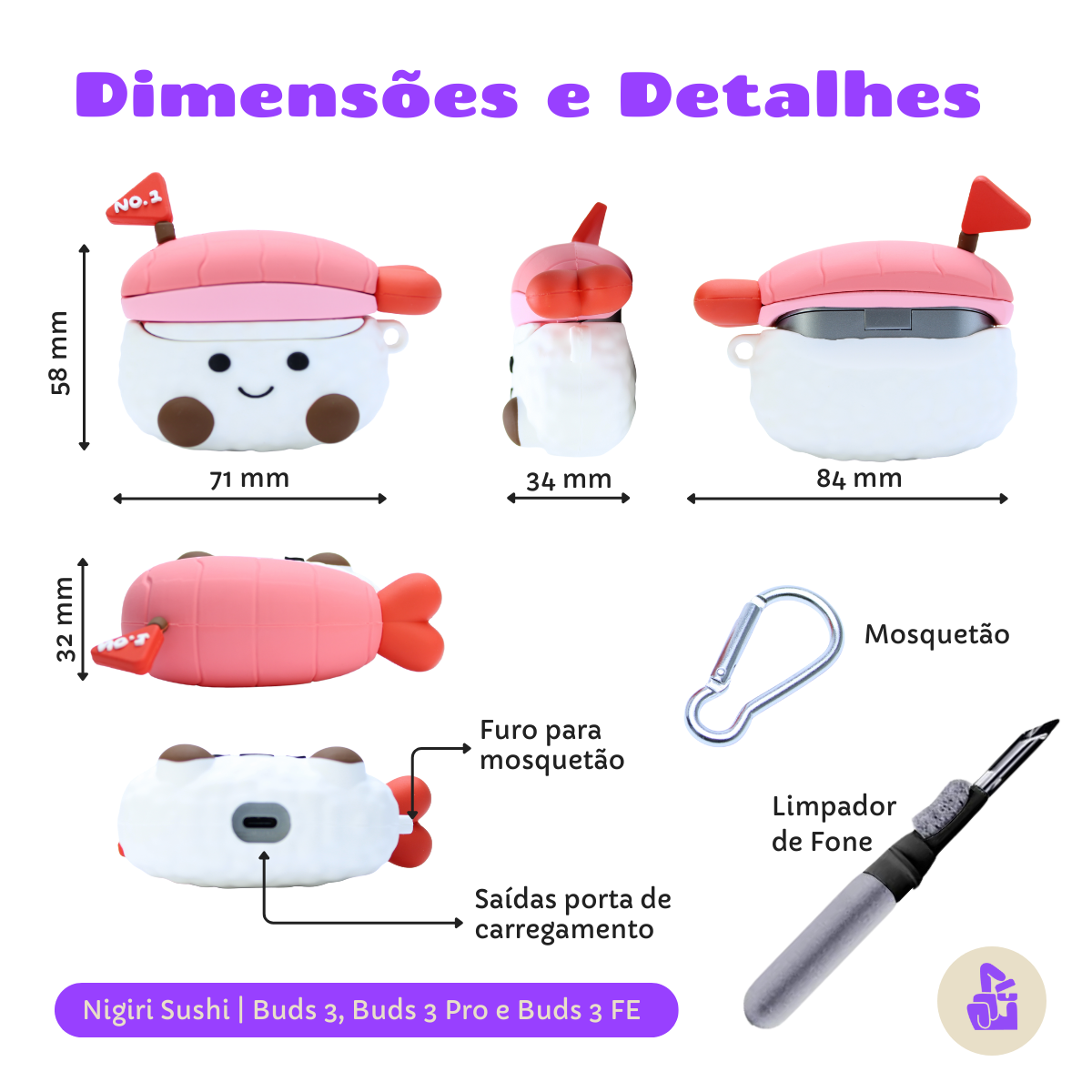 Kit Limpador para Fones e Capa Protetora Nerdcase para Samsung Galaxy Buds 3, Buds 3 Pro, Buds3 Fe, Nigiri Sushi