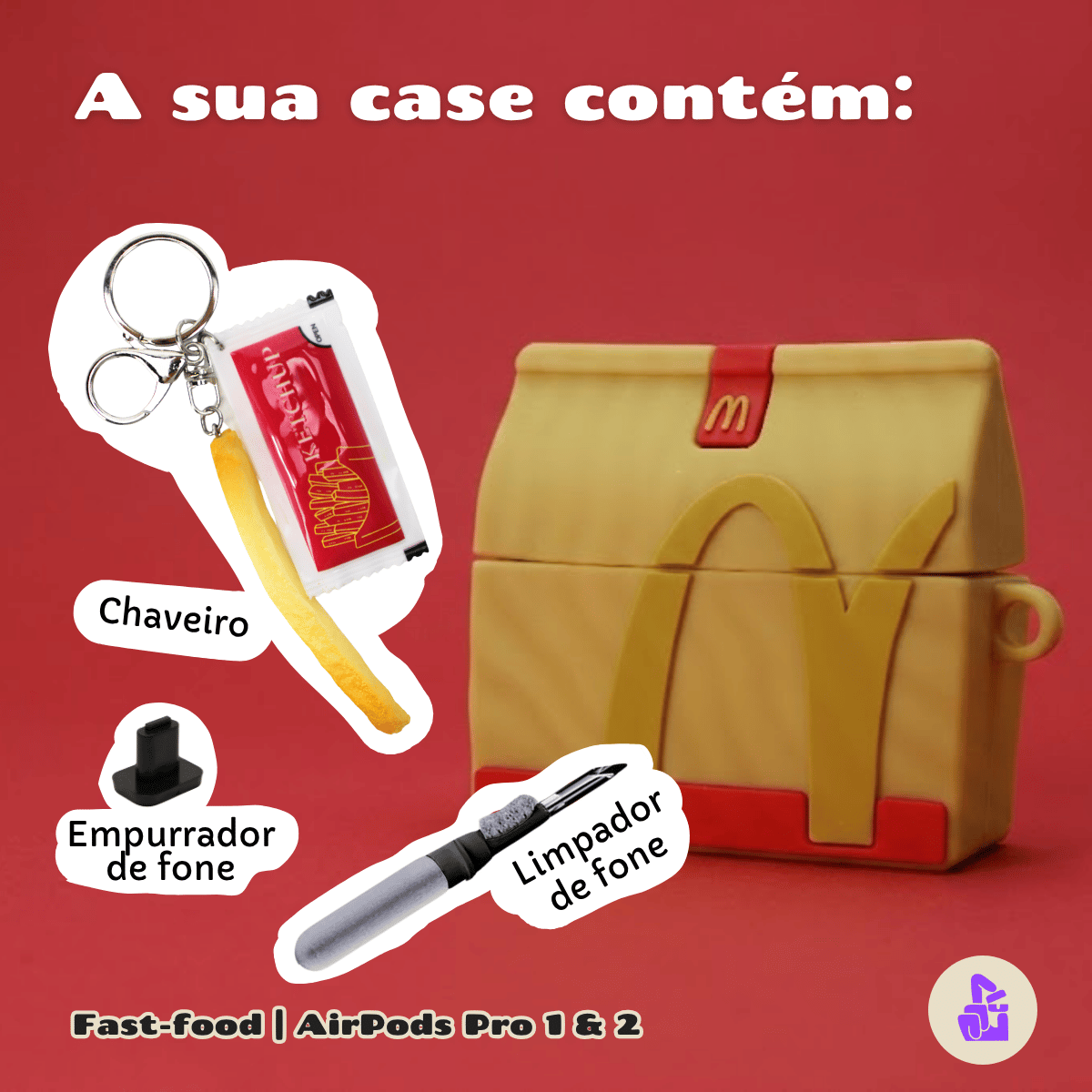Kit Limpador para Fones e Capa Protetora de Silicone Nerdcase para AirPods Pro 3, Fast Food
