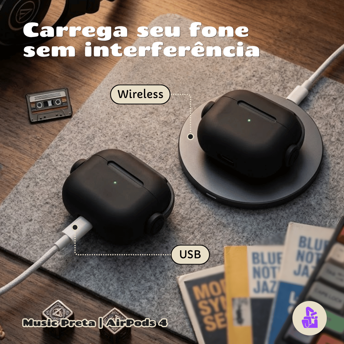 Kit Limpador para Fones e Capa Protetora de Silicone Nerdcase para AirPods 4, Music Preta