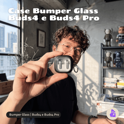 Capa Protetora Glass Nerdcase para Samsung Galaxy Buds 4, Preta e Transparente, Com Suporte Adaptado