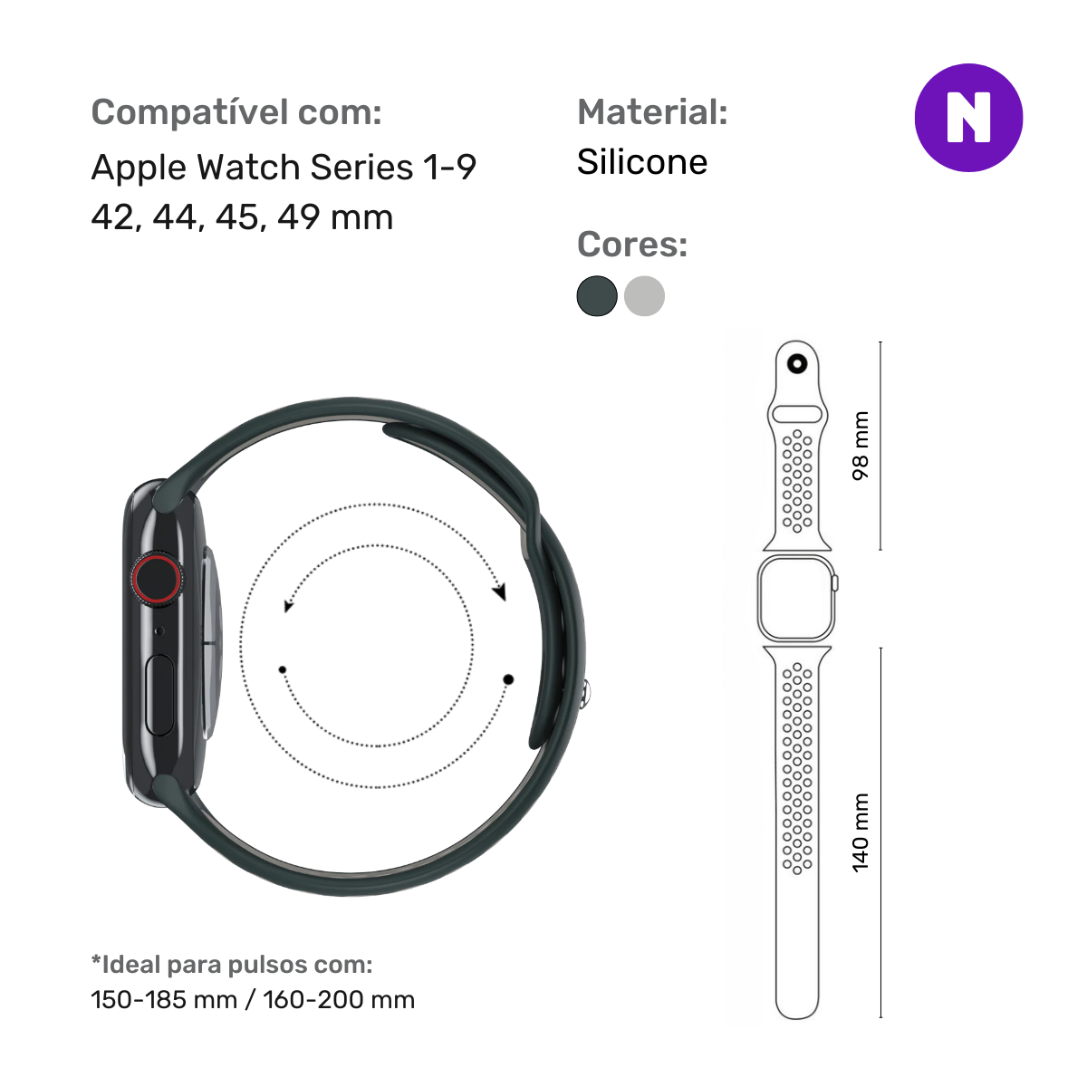 Pulseira 42/44/45/49mm para Apple Watch, Verde Verti/Cinza