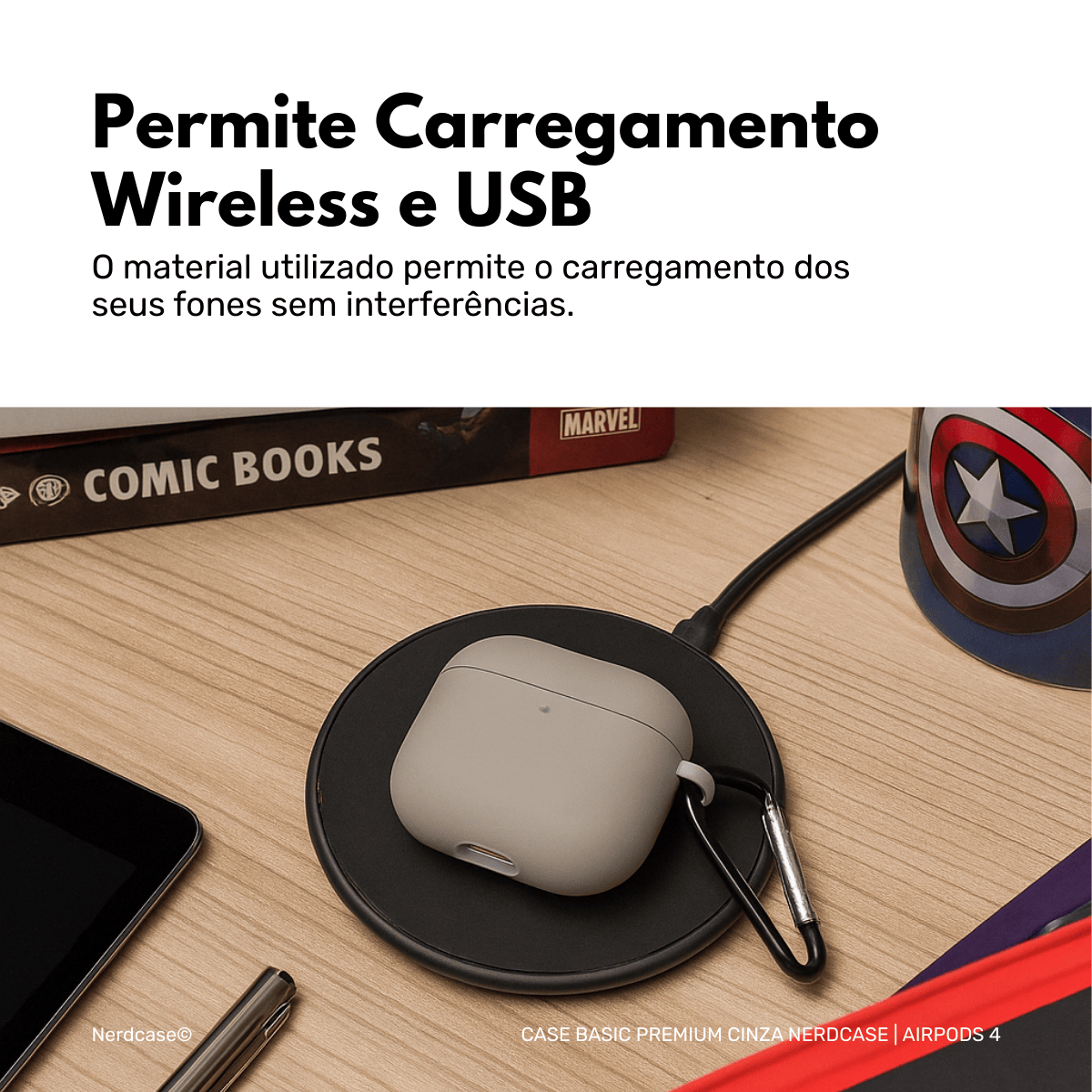 Capa Protetora Nerdcase Compatível com AirPods 4, Silicone Premium, Cinza Escuro