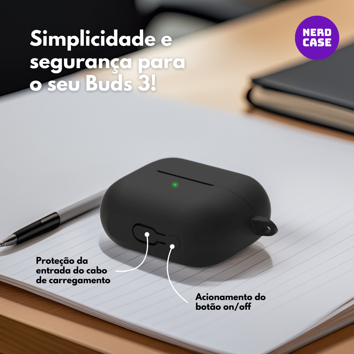 Kit Caneta Limpeza e Capa Protetora de Silicone Nerdcase Compatível com Samsung Galaxy Buds 3, 3 Pro , 3 FE, Preto