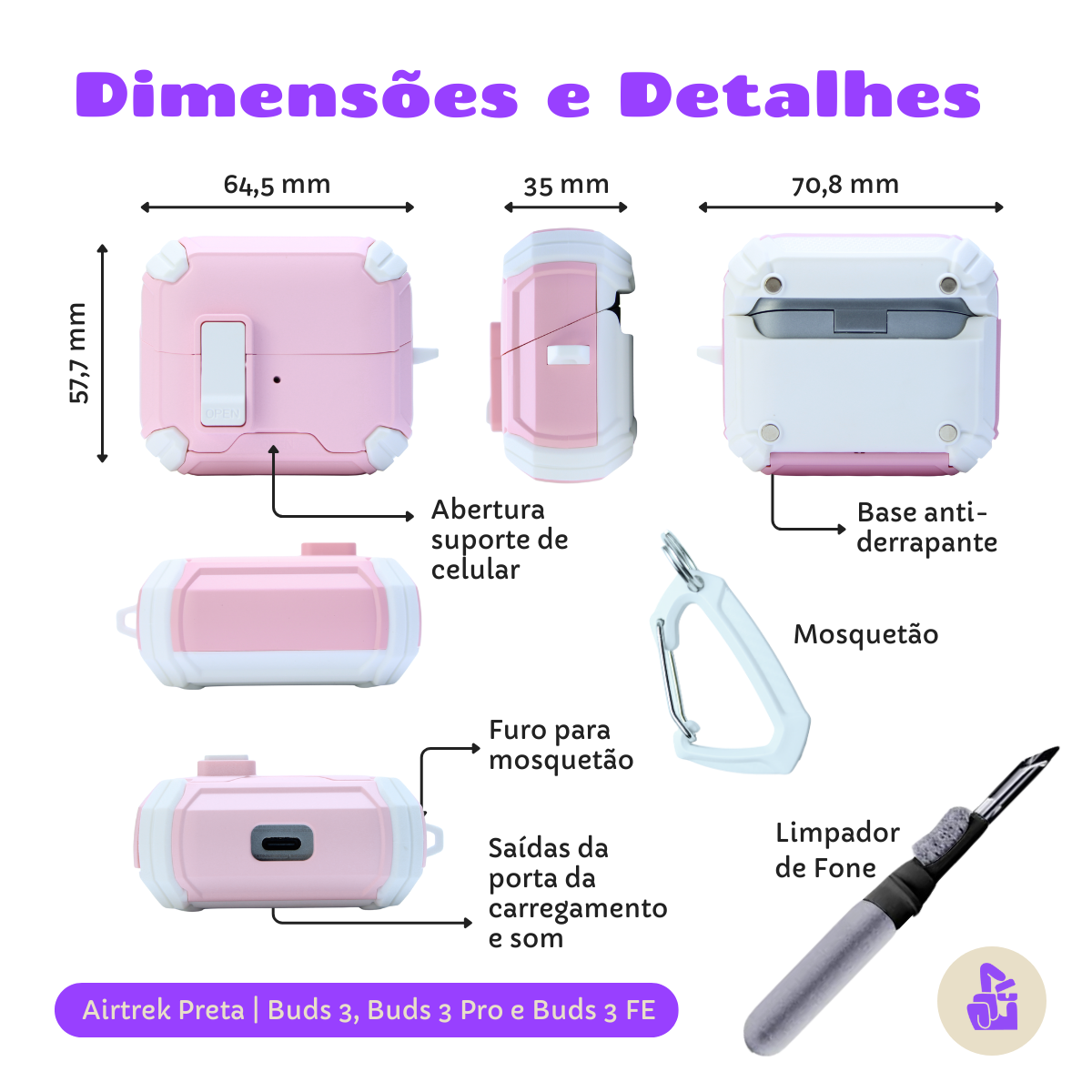 Kit Limpador para Fones e Capa Protetora Airtrek Nerdcase para Galaxy Buds 3, Buds Pro 3, Buds3 FE, Suporte Adaptado, Ro