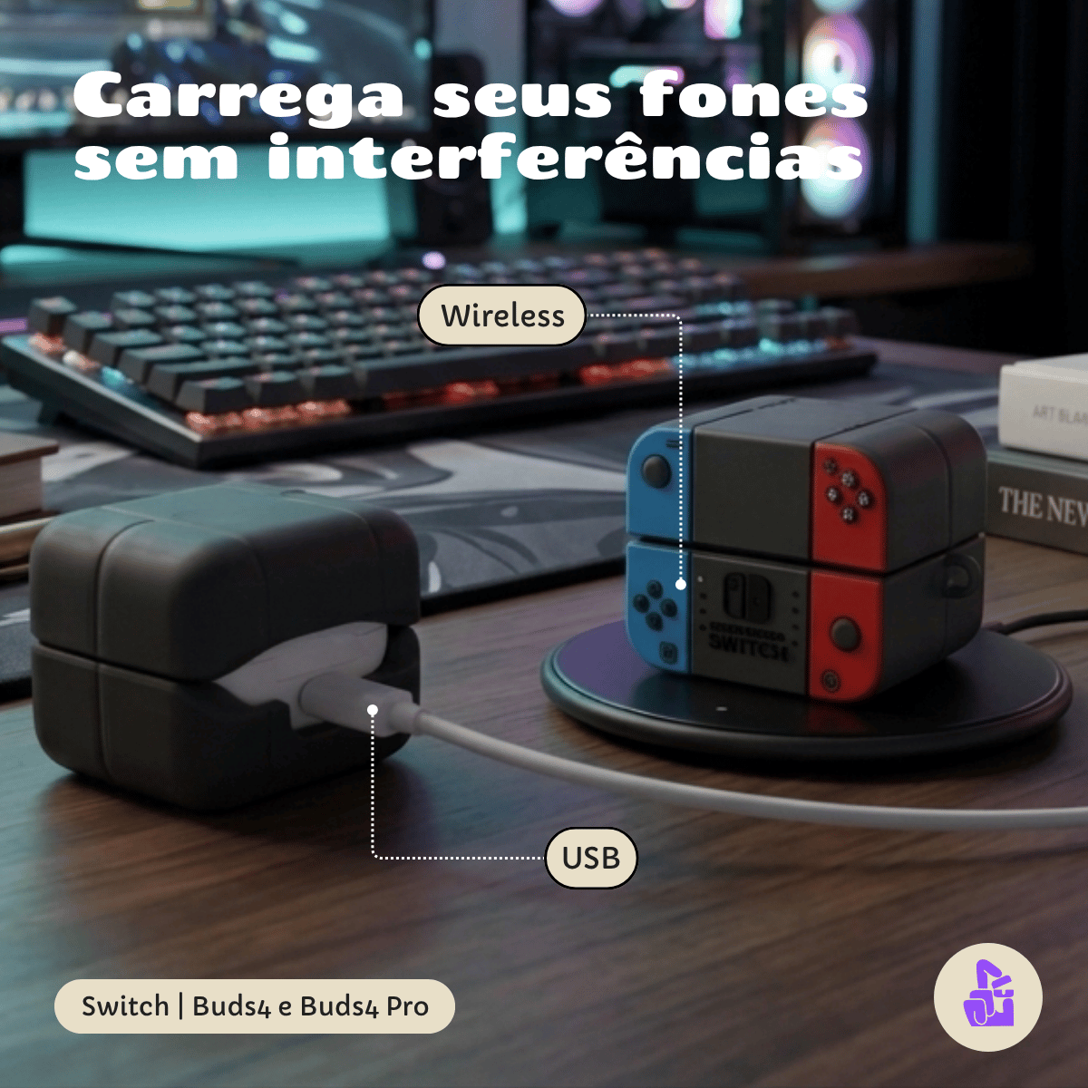 Kit Limpador para Fones e Capa Protetora Nerdcase para Galaxy Buds 4, Buds 4 Pro, Silicone, Vídeo Game Nintendo