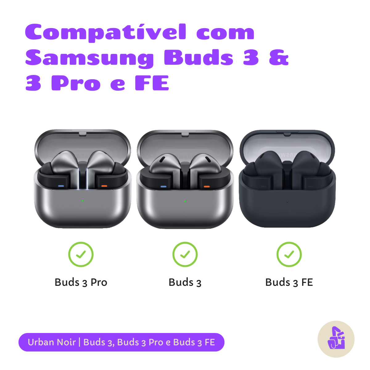 Kit Limpador para Fones e Capa Protetora Urban Noir Nerdcase para Samsung Galaxy Buds 3, 3 Pro, 3 Fe, Preta
