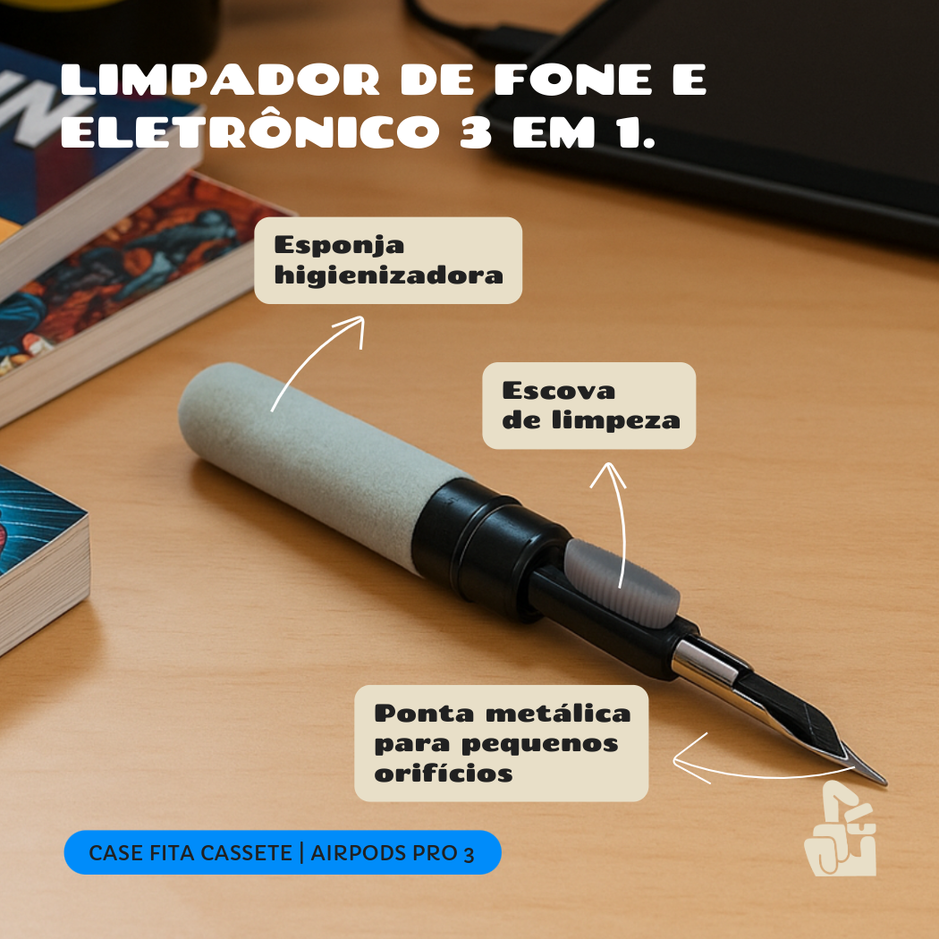 Kit Limpador para Fones e Capa Protetora Nerdcase para AirPods Pro 3, Fita Cassete Retrô