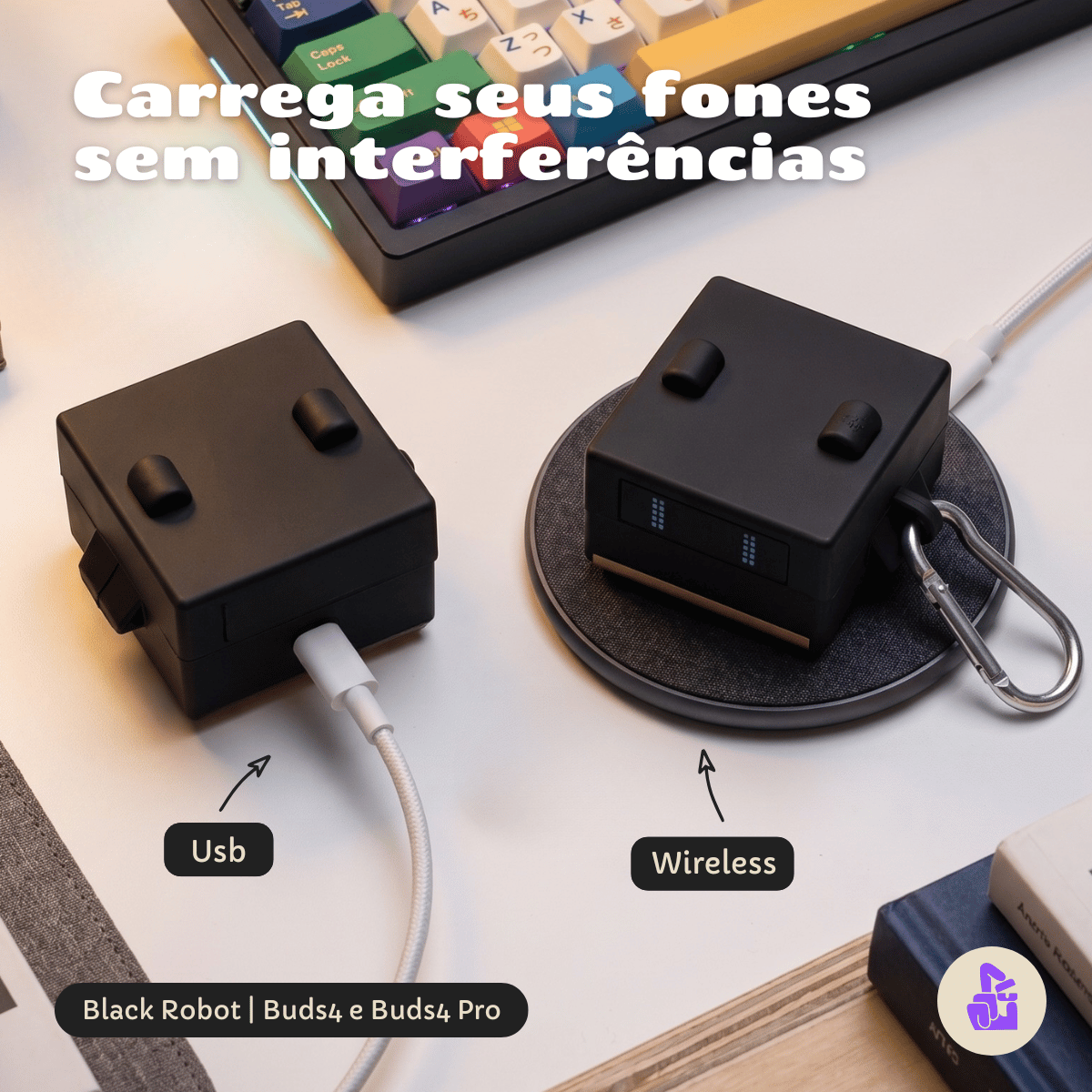 Kit Limpador para Fones e Capa Protetora Nerdcase para Samsung Galaxy Buds 4, Silicone, Robô Preto