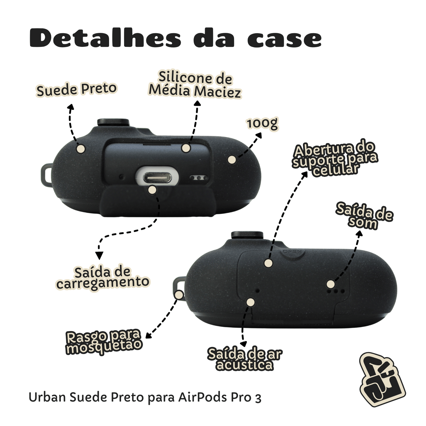 Kit Limpador para Fones e Capa Protetora de Silicone Nerdcase para AirPods Pro 3, Urban Suede Preto