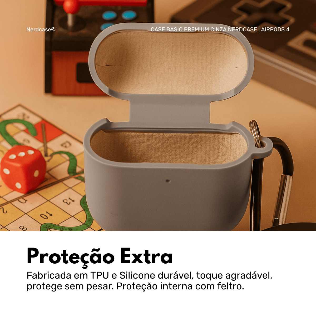 Capa Protetora Nerdcase Compatível com AirPods 4, Silicone Premium, Cinza Escuro