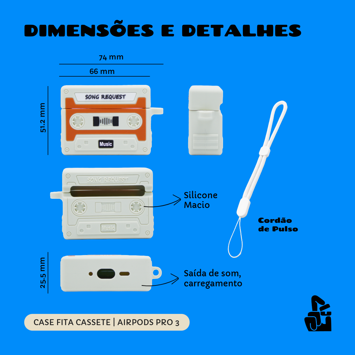 Capa Protetora Nerdcase para AirPods Pro 3, Fita Cassete Retrô