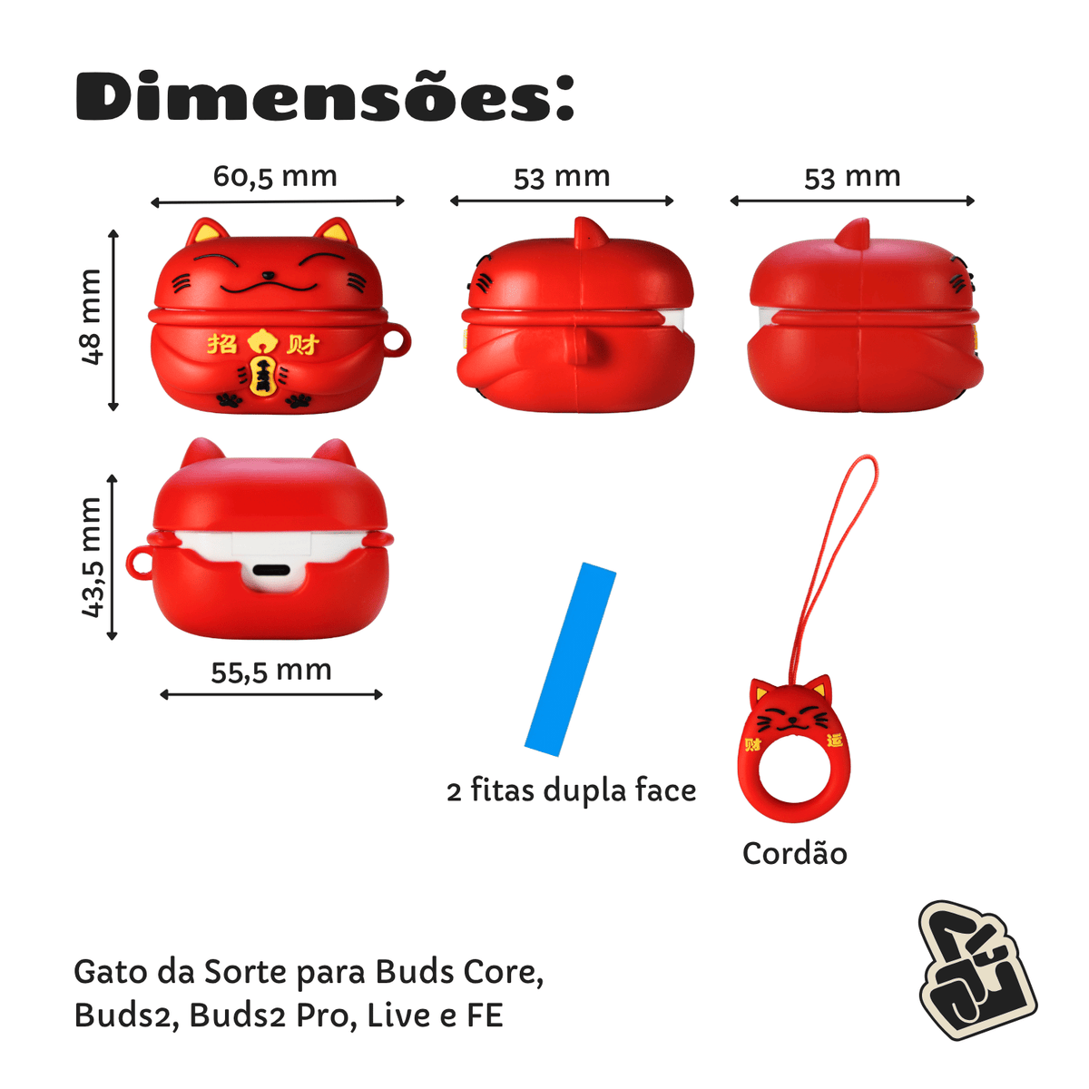 Capa Protetora Nerdcase para Samsung Galaxy Buds 2, Core, FE, Live e Pro, Silicone, Gato da Sorte