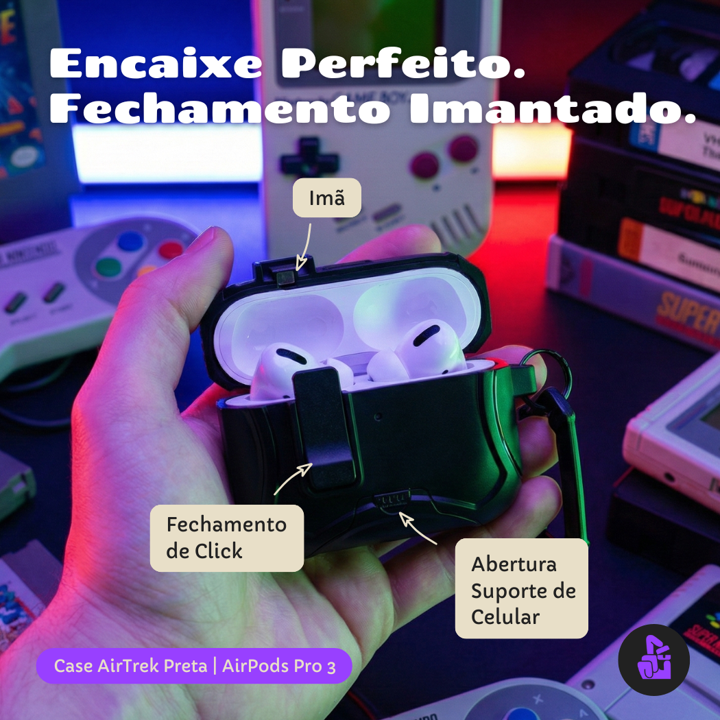 Kit Limpador para Fones e Capa Protetora Airtrek Nerdcase para AirPods Pro 3, Suporte Adaptado, Preto