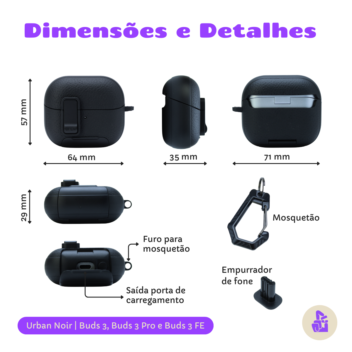 Capa Protetora Urban Noir Nerdcase para Galaxy Buds 3, Buds 3 Pro, Buds 3 Fe, Preta